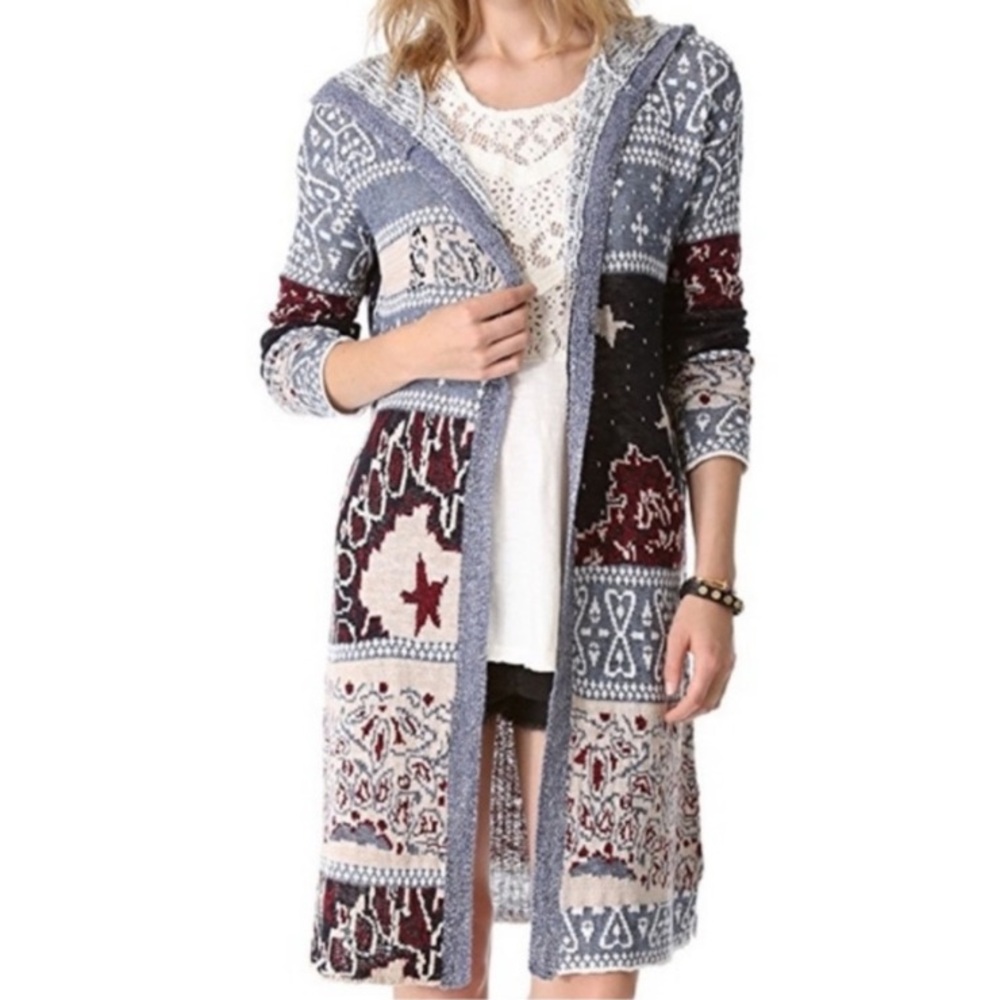 FREE PEOPLE 🇺🇸 Americana Star Pattern Hooded Cardigan Sweater - Picture 2 of 13